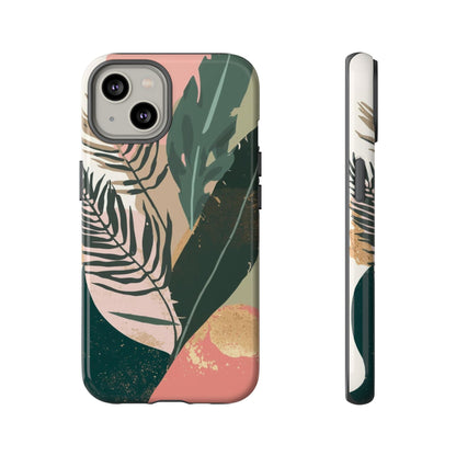 Tropical Leaf Tough Phone Case — Abstract Pink & Green Botanical Protective Cover