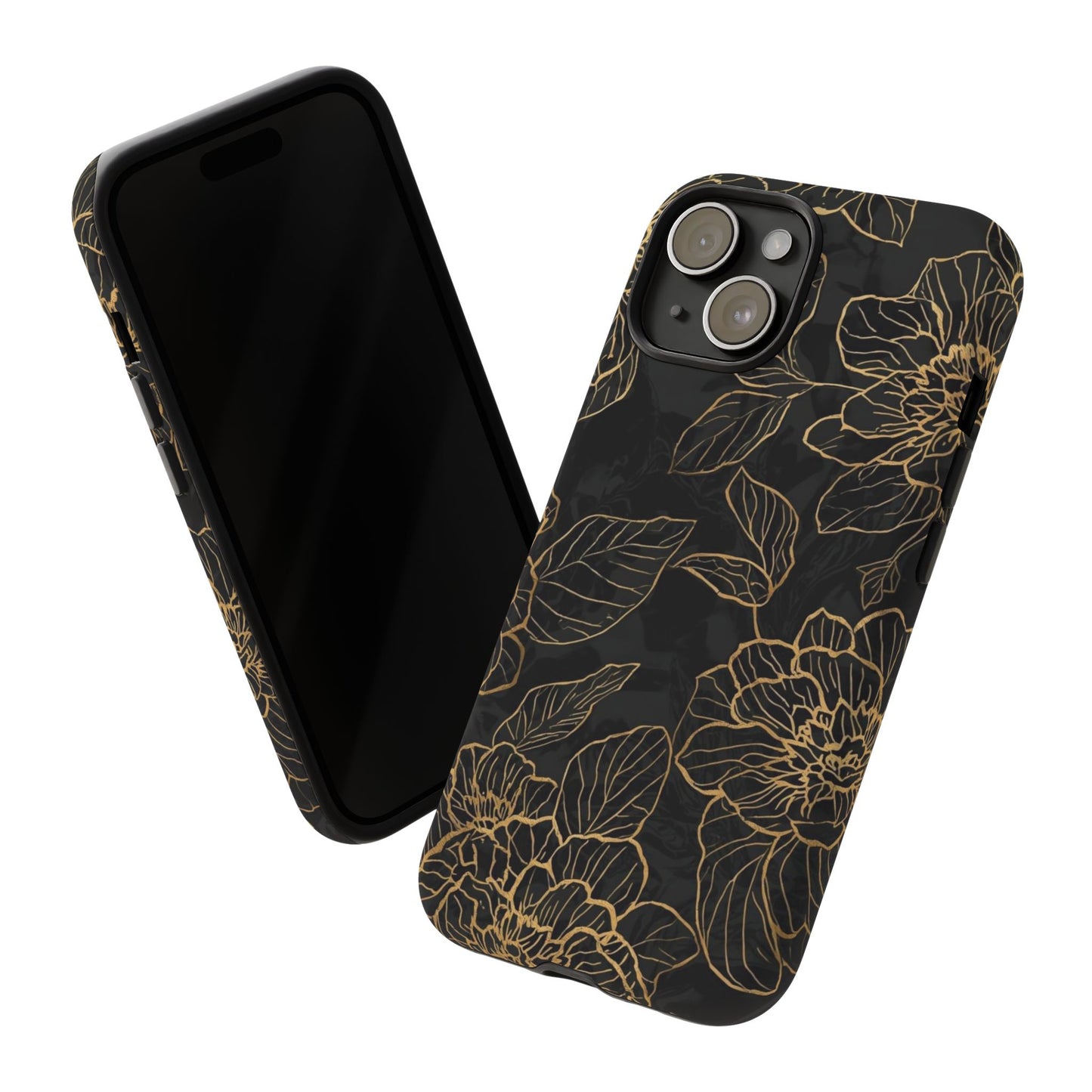 Floral Gold Outline Tough Phone Case – Black Botanical Protective Cover