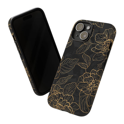Floral Gold Outline Tough Phone Case – Black Botanical Protective Cover