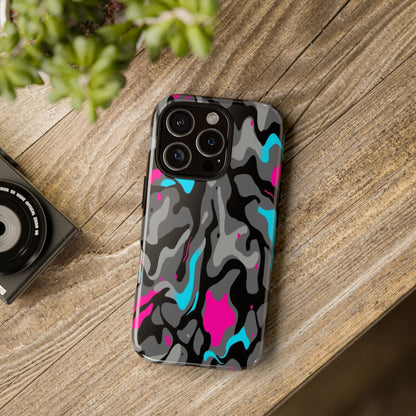 Camouflage Phone Case — Gray Camo with Neon Pink & Cyan Accent Tough Protective Cover