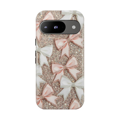 Glitter Bow Tough Phone Case — Pink & White Ribbon Protective Cover