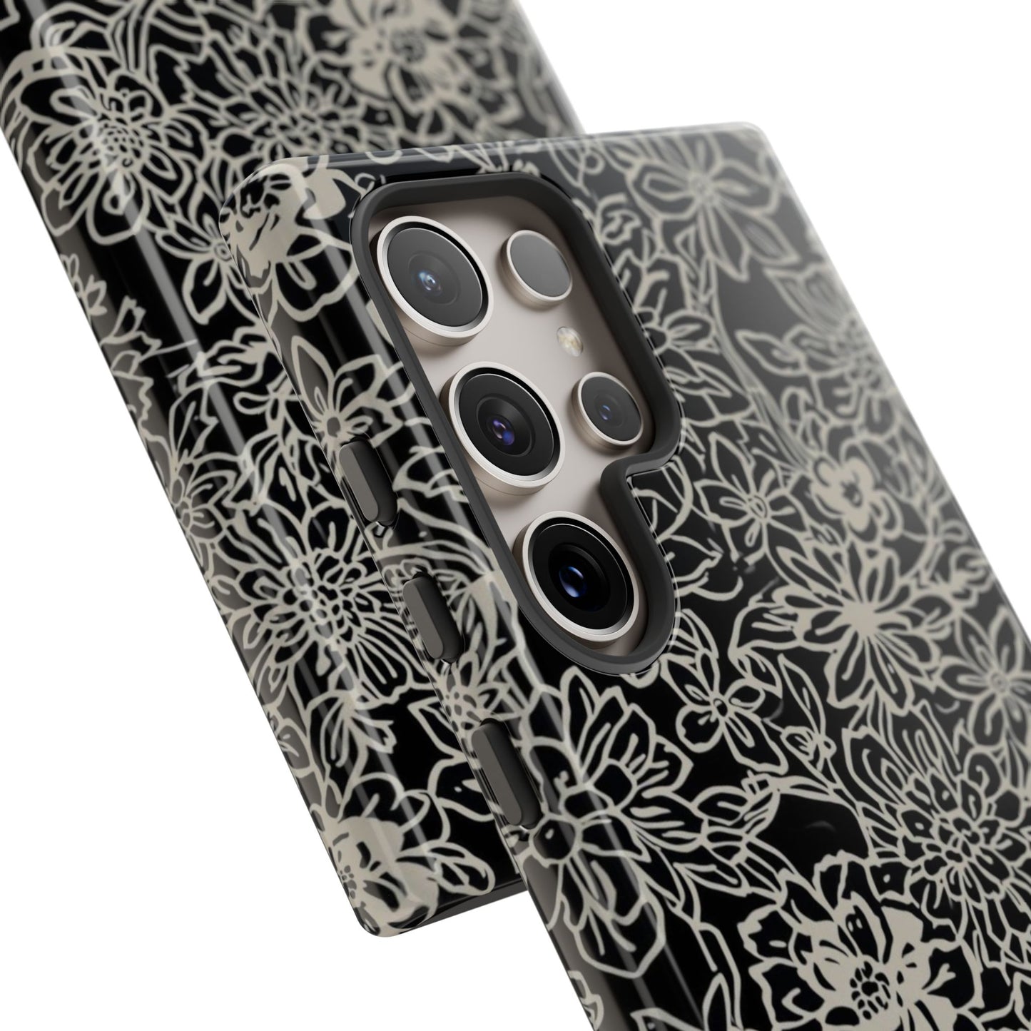 Floral Doodle Tough Phone Case — Black & White Sketch Flower Protective Cover