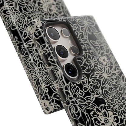 Floral Doodle Tough Phone Case — Black & White Sketch Flower Protective Cover