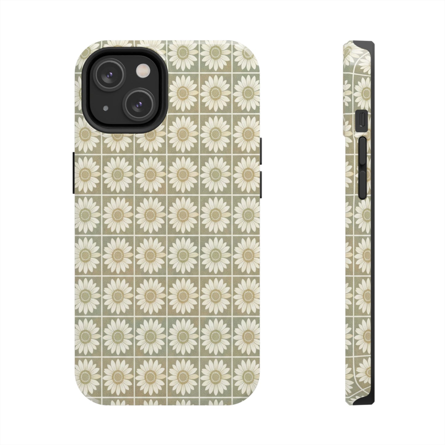 Daisy Tile Tough Phone Case — Retro Floral Protective Phone Cover