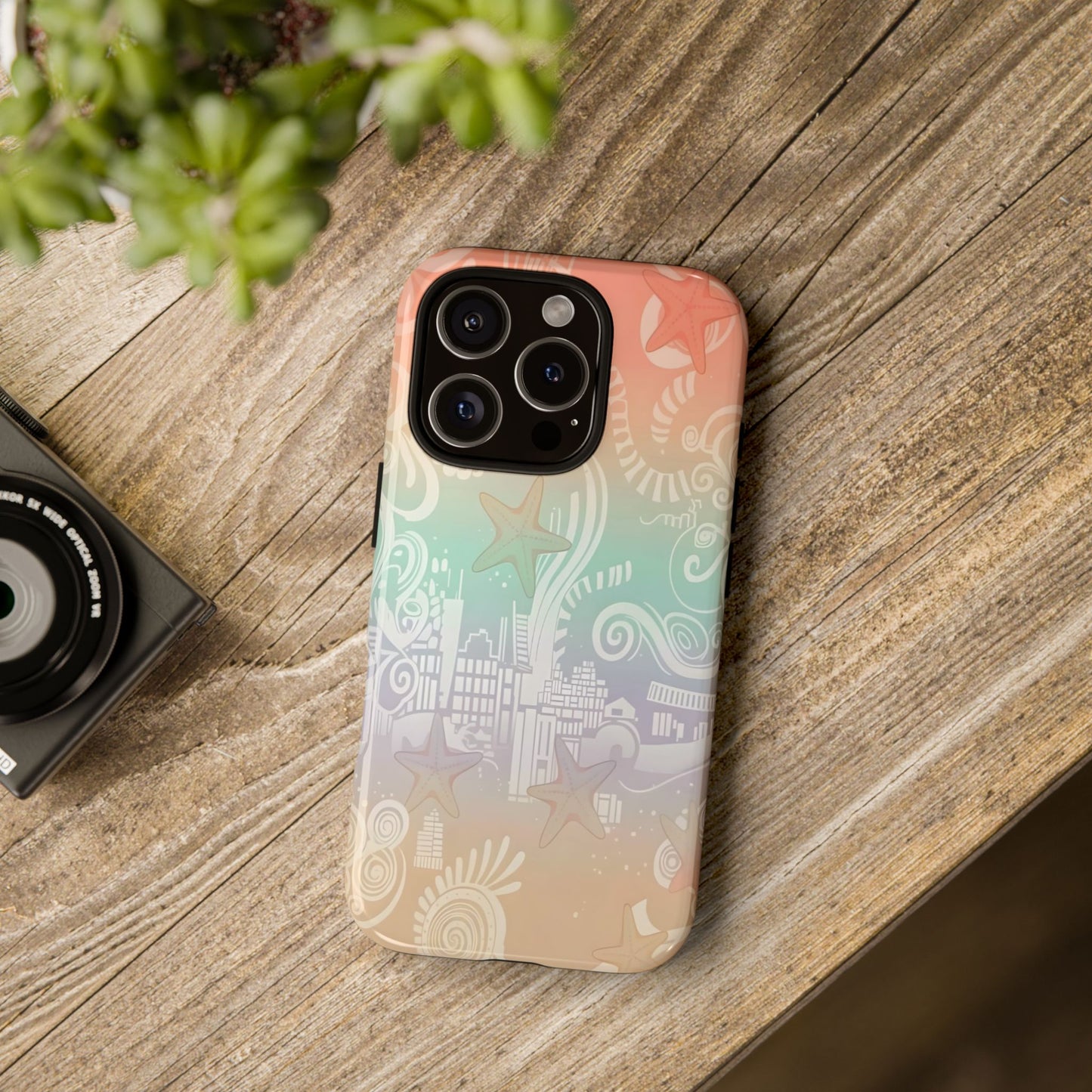 Tough Cases: Pastel Beach Pattern Phone Case — Starfish & Coastal Cityscape Protective Cover