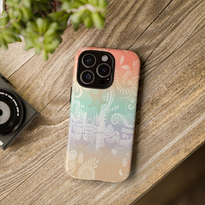 Tough Cases: Pastel Beach Pattern Phone Case — Starfish & Coastal Cityscape Protective Cover