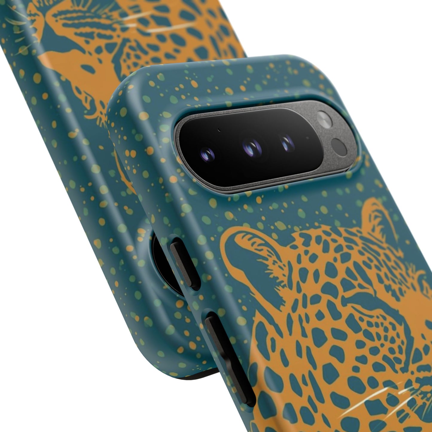 Leopard Print Tough Phone Case — Gold Panther on Teal, Protective iPhone Cover
