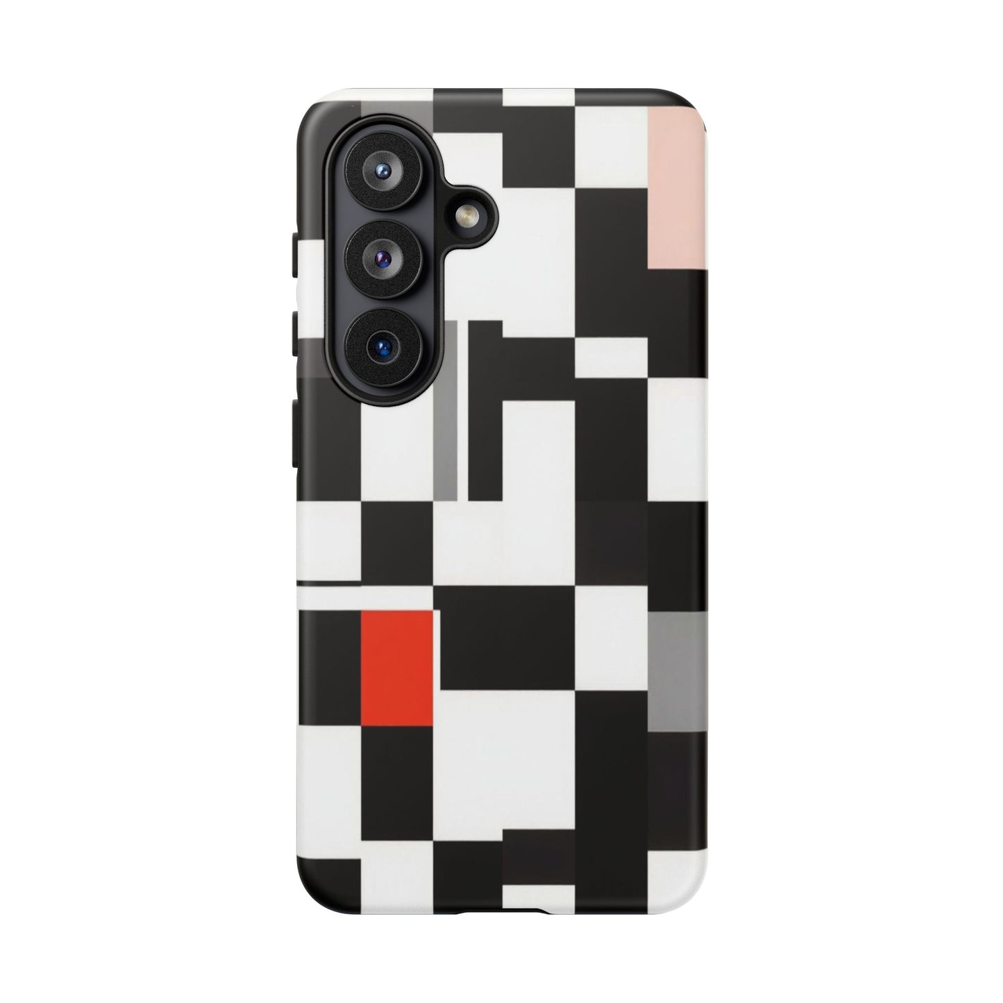 Abstract Geometric Phone Case – Black & White Checker Grid with Red Accent