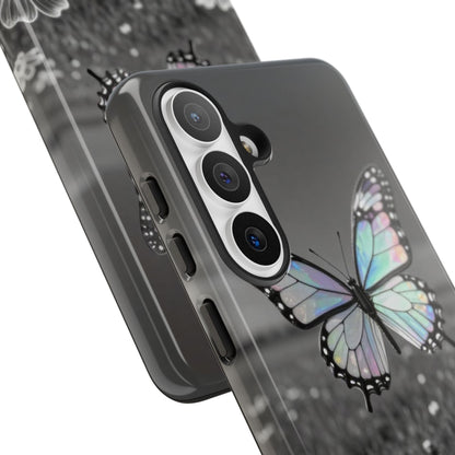 Butterfly Field Tough Phone Case — Pastel Holographic Butterfly on Black & White Floral Background