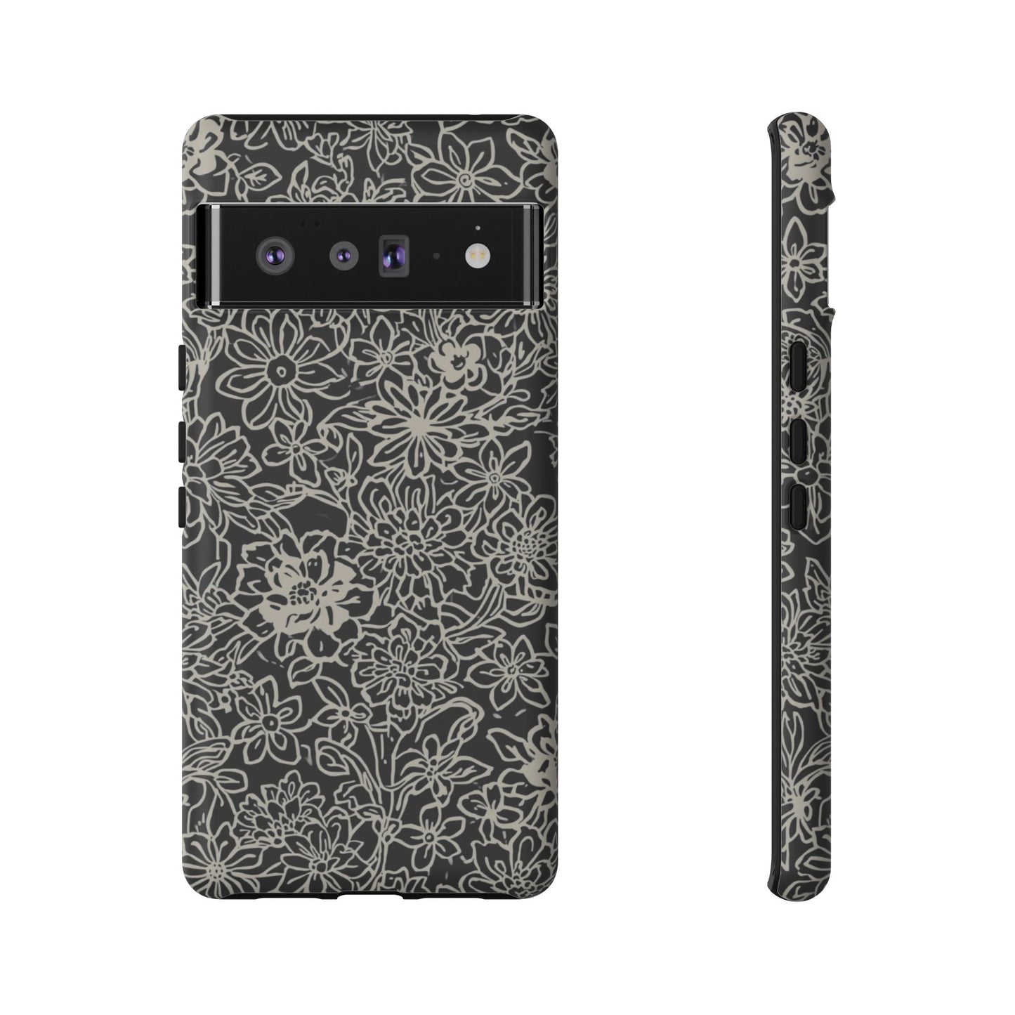 Floral Doodle Tough Phone Case — Black & White Sketch Flower Protective Cover