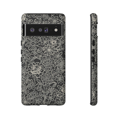 Floral Doodle Tough Phone Case — Black & White Sketch Flower Protective Cover