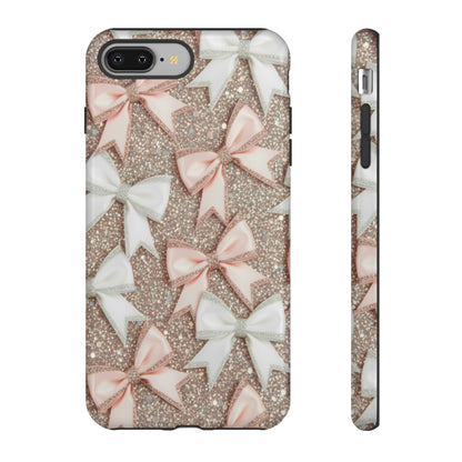 Glitter Bow Tough Phone Case — Pink & White Ribbon Protective Cover