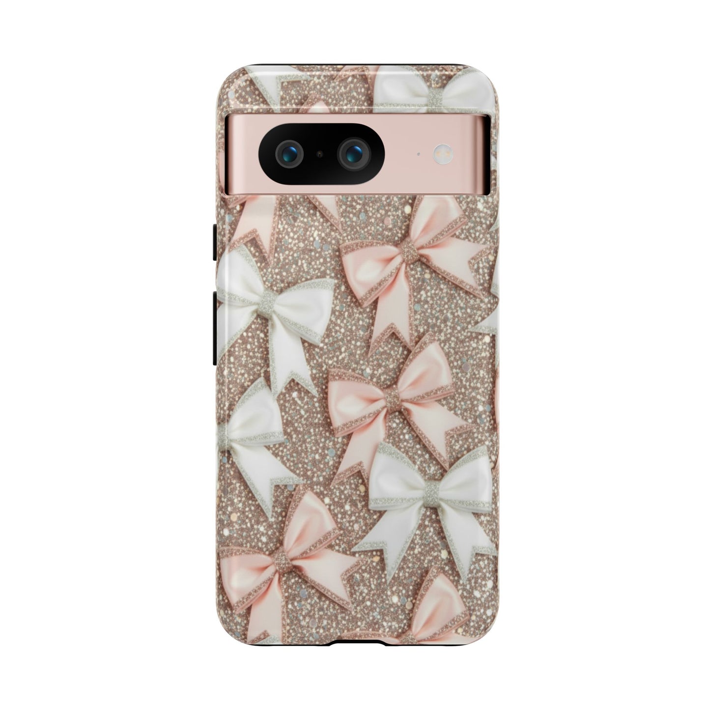 Glitter Bow Tough Phone Case — Pink & White Ribbon Protective Cover