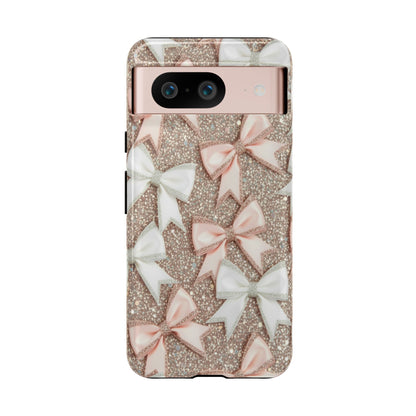 Glitter Bow Tough Phone Case — Pink & White Ribbon Protective Cover
