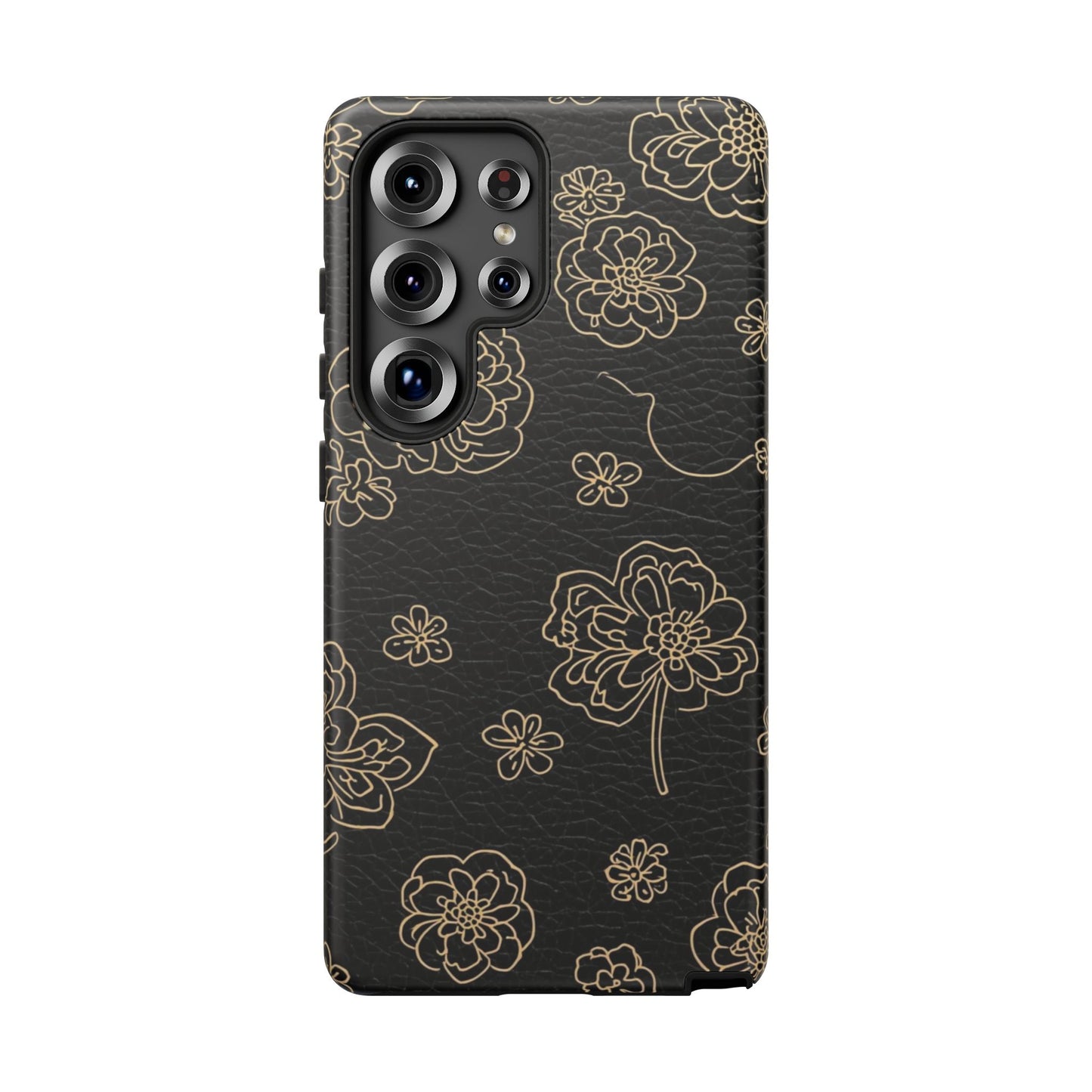 Floral Leather-Texture Tough Case – Black Gold Outline Phone Cover
