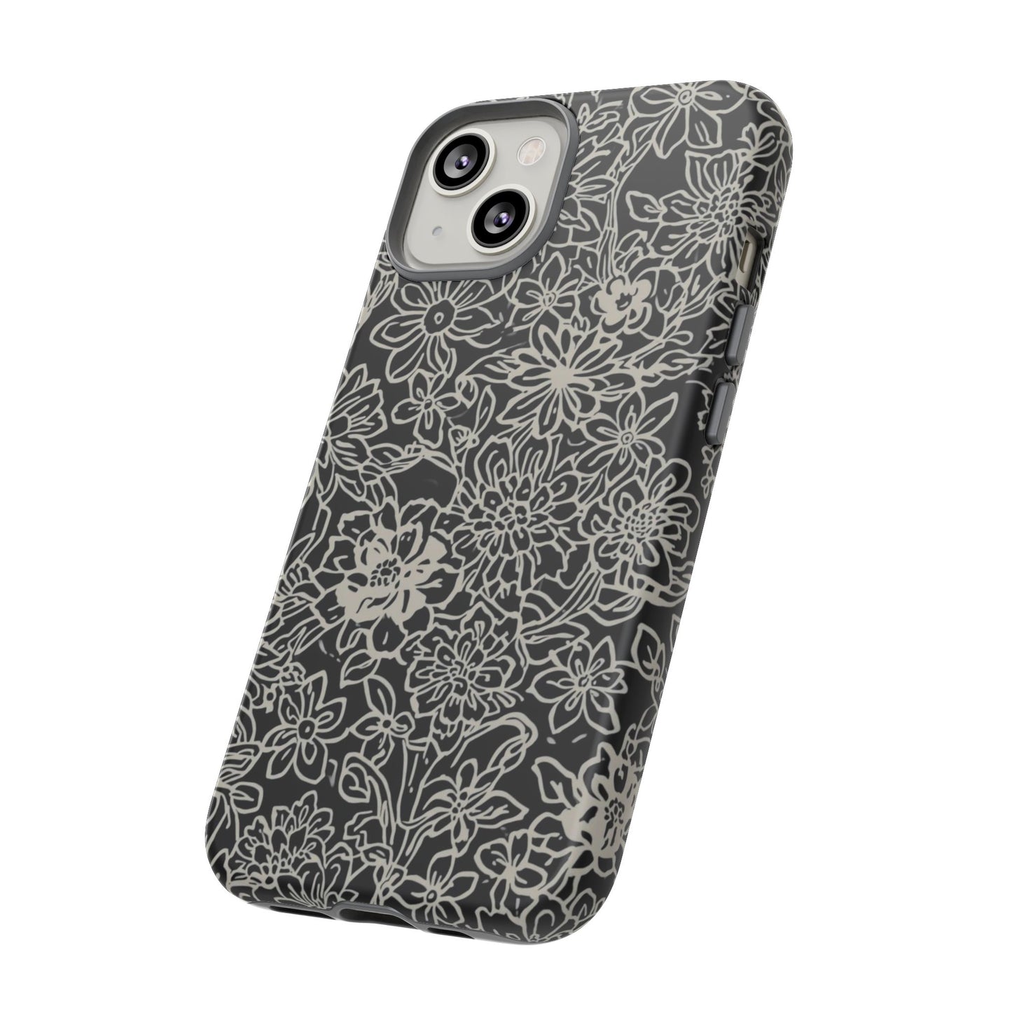 Floral Doodle Tough Phone Case — Black & White Sketch Flower Protective Cover
