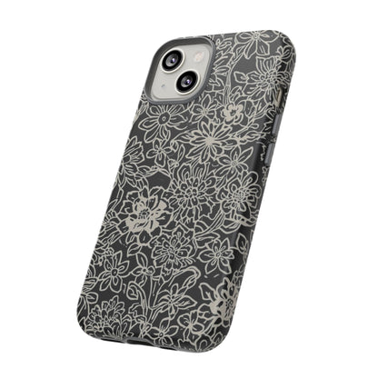 Floral Doodle Tough Phone Case — Black & White Sketch Flower Protective Cover