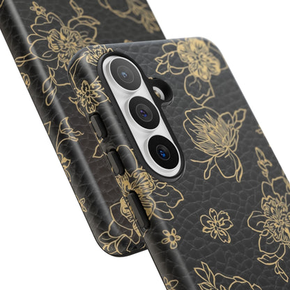 Floral Leather Phone Case — Gold Outline Flowers on Black Tough Case