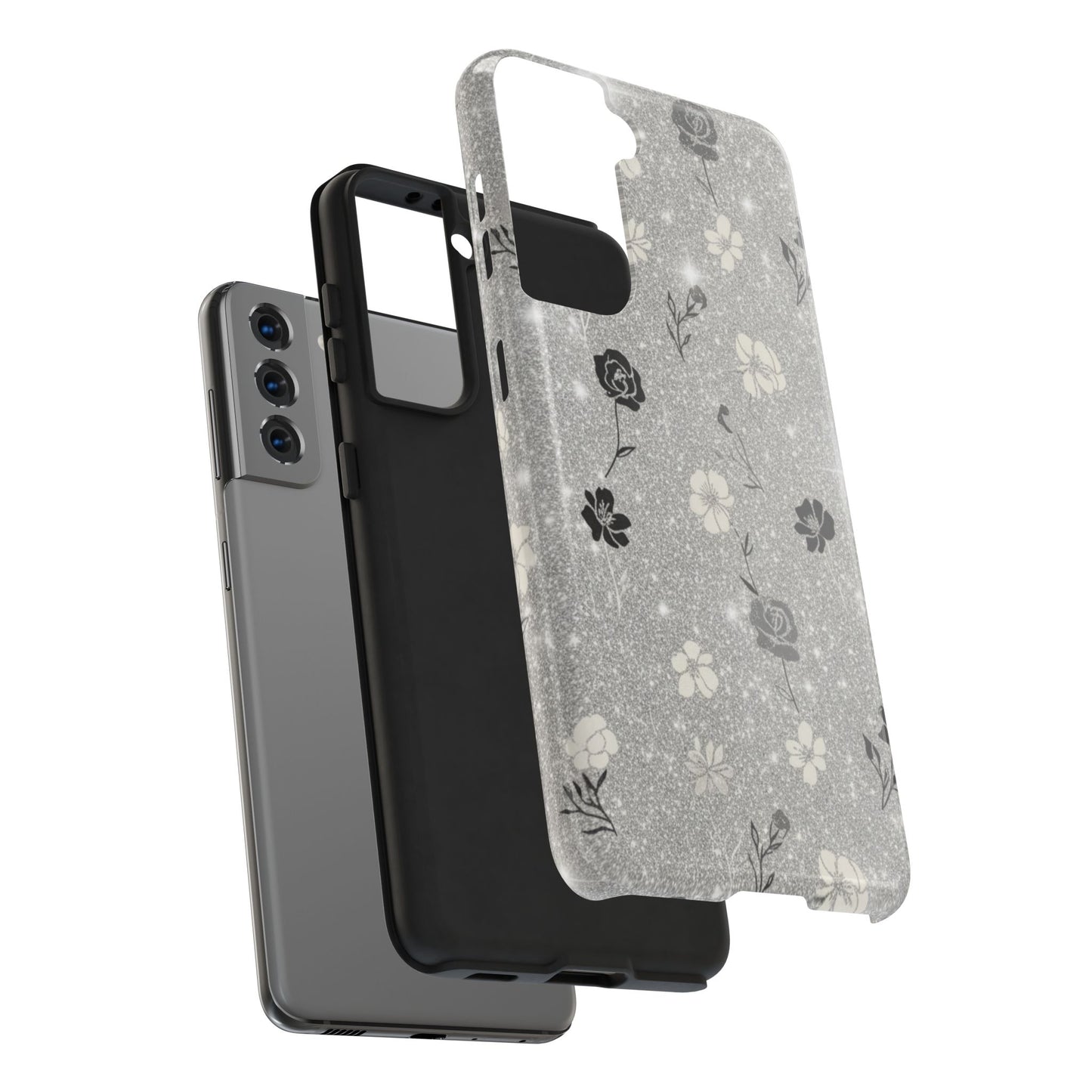 Floral Glitter Tough Phone Case — Black & Silver Vintage Flower Protective Cover