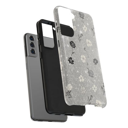Floral Glitter Tough Phone Case — Black & Silver Vintage Flower Protective Cover