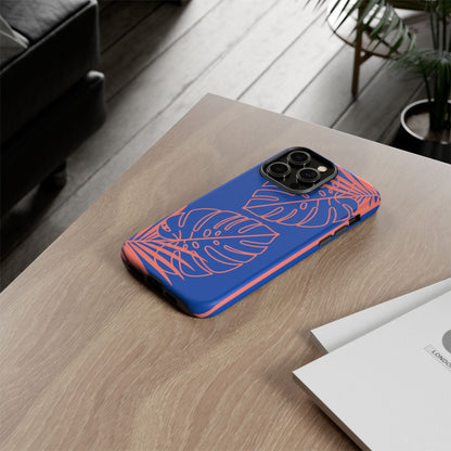 Tropical Monstera Phone Case — Blue & Coral Leaf Protective Cover