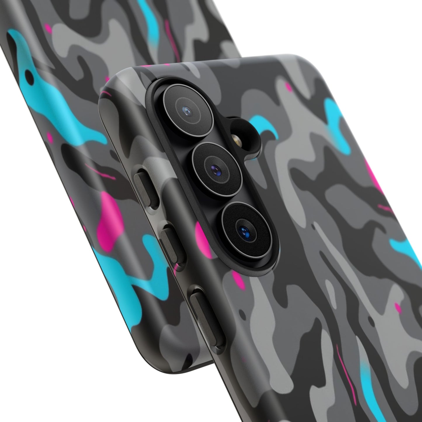 Camouflage Phone Case — Gray Camo with Neon Pink & Cyan Accent Tough Protective Cover