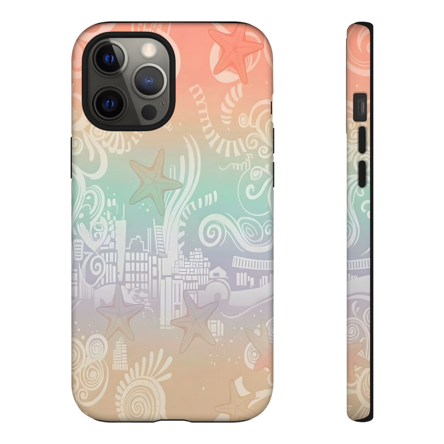 Tough Cases: Pastel Beach Pattern Phone Case — Starfish & Coastal Cityscape Protective Cover