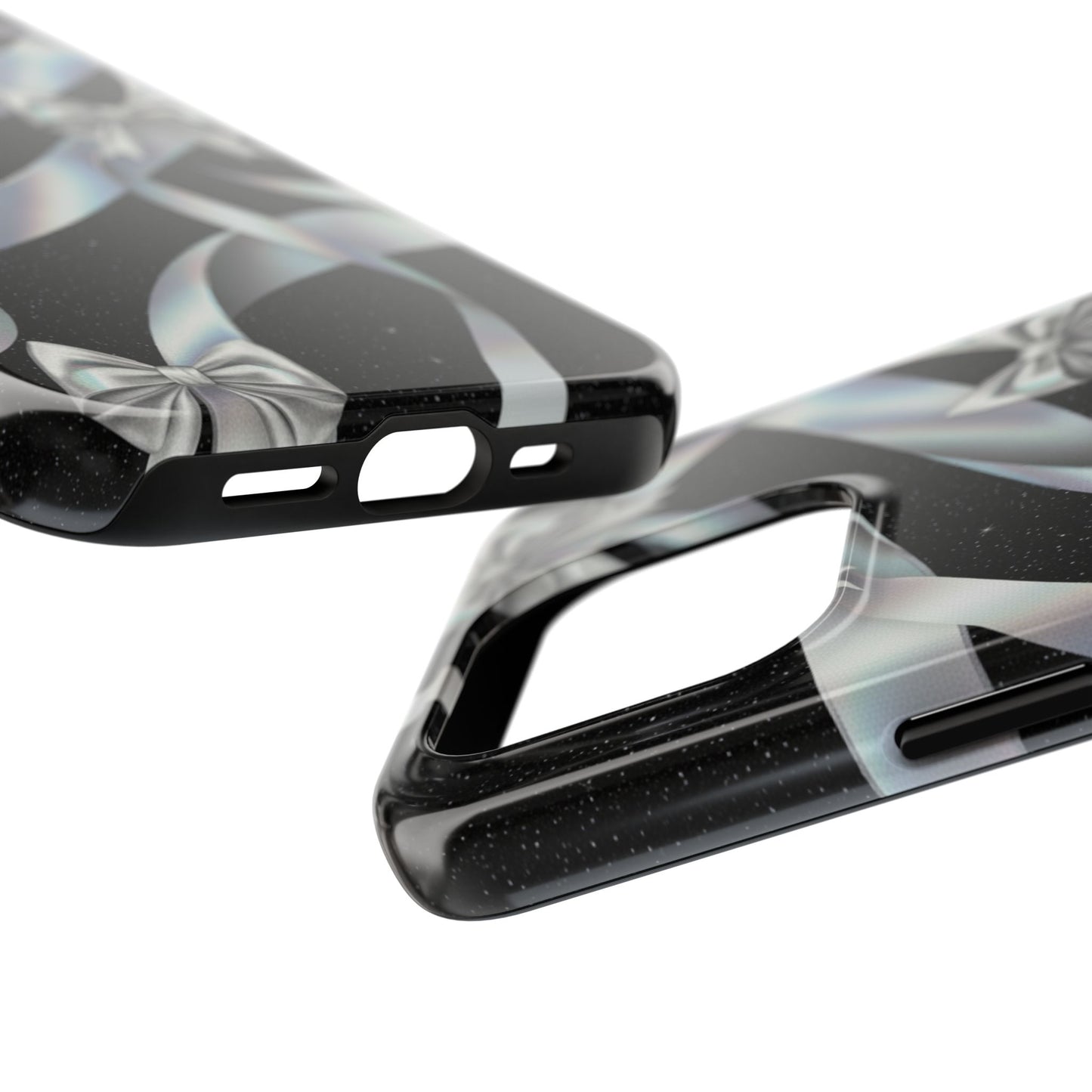 Silver Ribbon Bow Tough Phone Case — Glitter Black Protective Phone Case