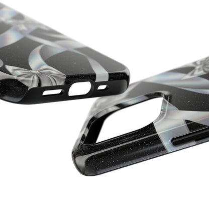 Silver Ribbon Bow Tough Phone Case — Glitter Black Protective Phone Case