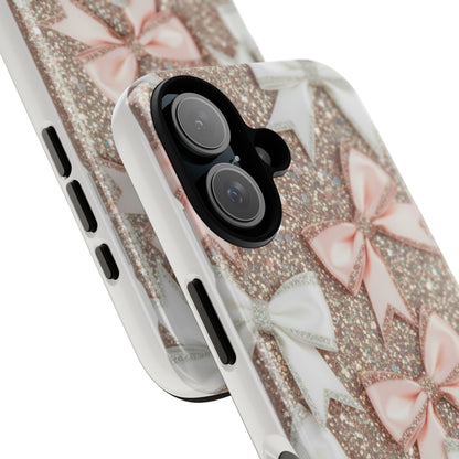 Glitter Bow Tough Phone Case — Pink & White Ribbon Protective Cover