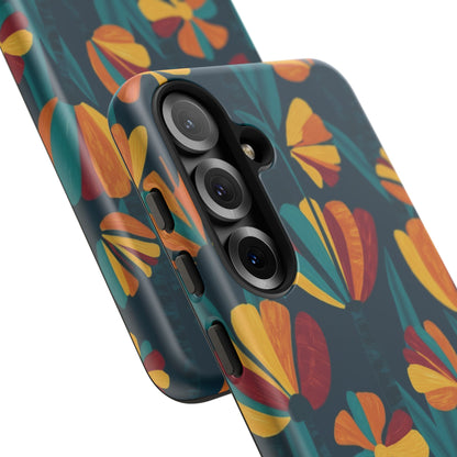 Floral Retro Teal Tough Phone Case — Vibrant Orange & Mustard Blooms