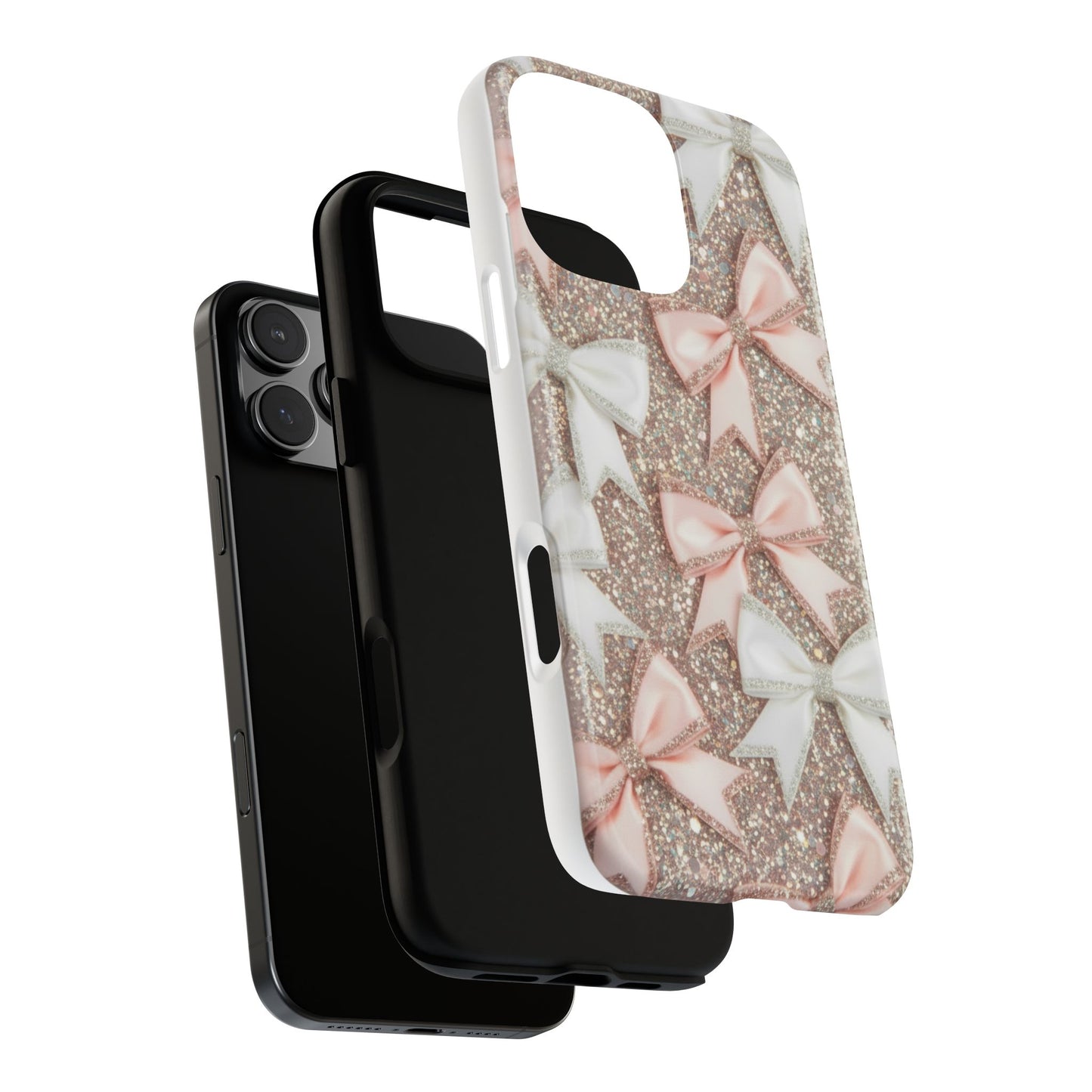 Glitter Bow Tough Phone Case — Pink & White Ribbon Protective Cover