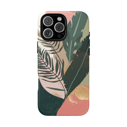 Tropical Leaf Tough Phone Case — Abstract Pink & Green Botanical Protective Cover
