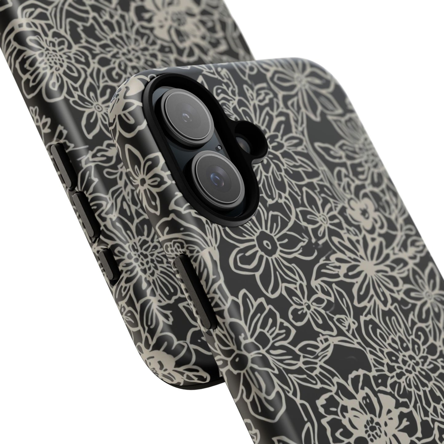 Floral Doodle Tough Phone Case — Black & White Sketch Flower Protective Cover