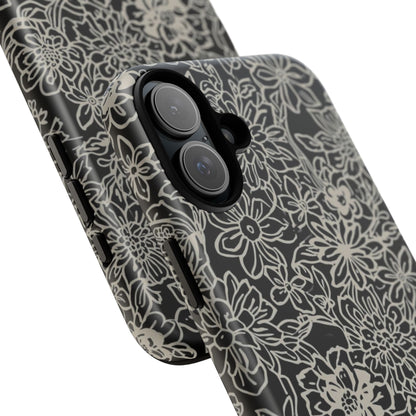 Floral Doodle Tough Phone Case — Black & White Sketch Flower Protective Cover