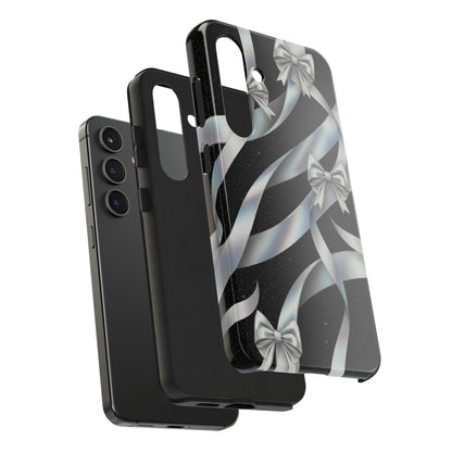 Silver Ribbon Bow Tough Phone Case — Glitter Black Protective Phone Case