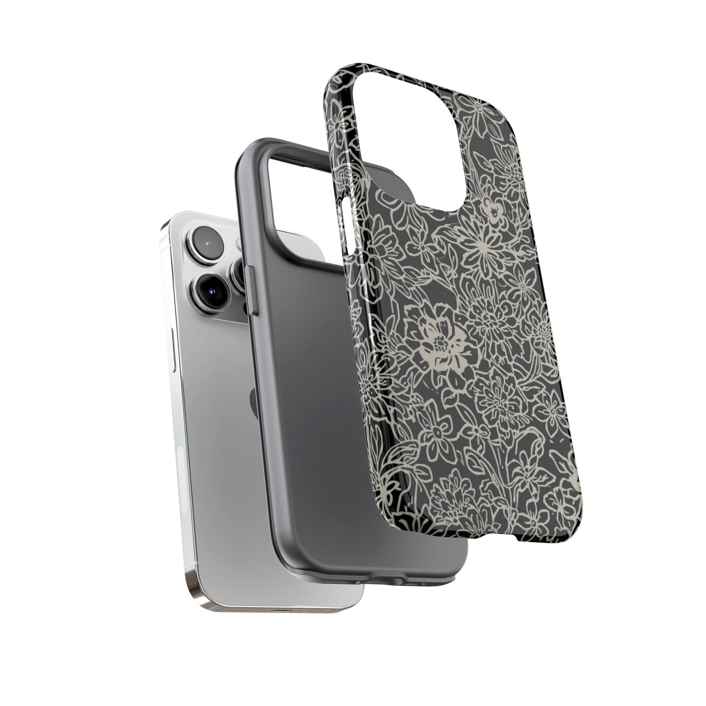 Floral Doodle Tough Phone Case — Black & White Sketch Flower Protective Cover