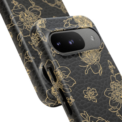 Floral Leather Phone Case — Gold Outline Flowers on Black Tough Case