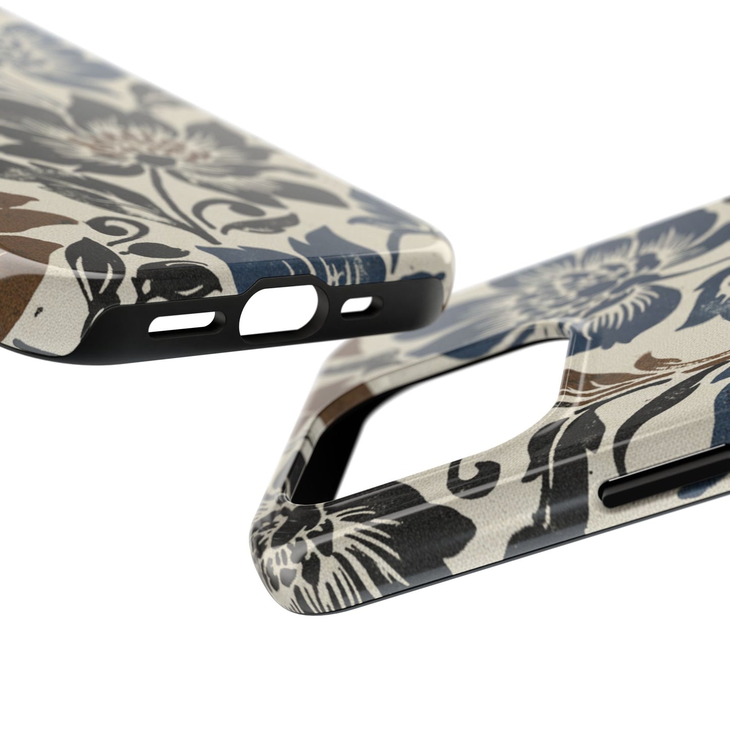 Floral Vintage Tough Phone Case — Blue & Brown Botanical Protection