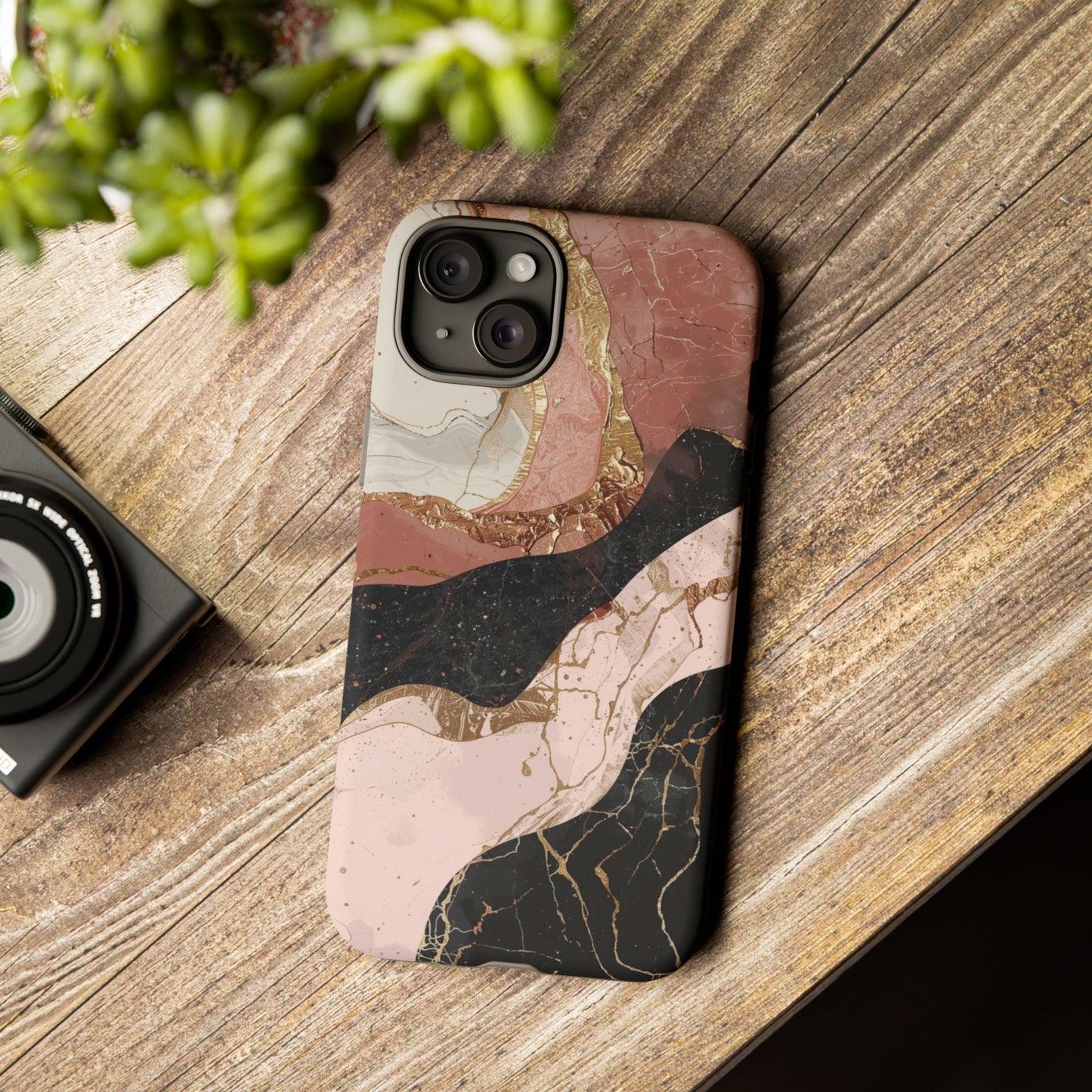 Marbled Rose Gold Phone Case — Abstract Pink & Black Protective Tough Case
