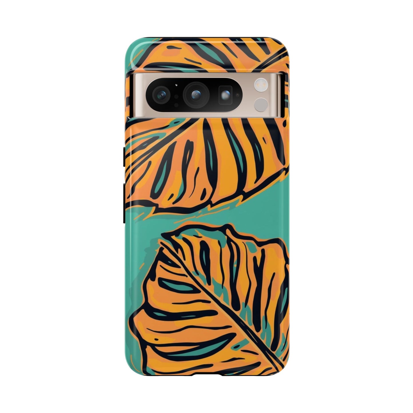 Tropical Leaf Tough Phone Case — Orange Monstera Design on Teal