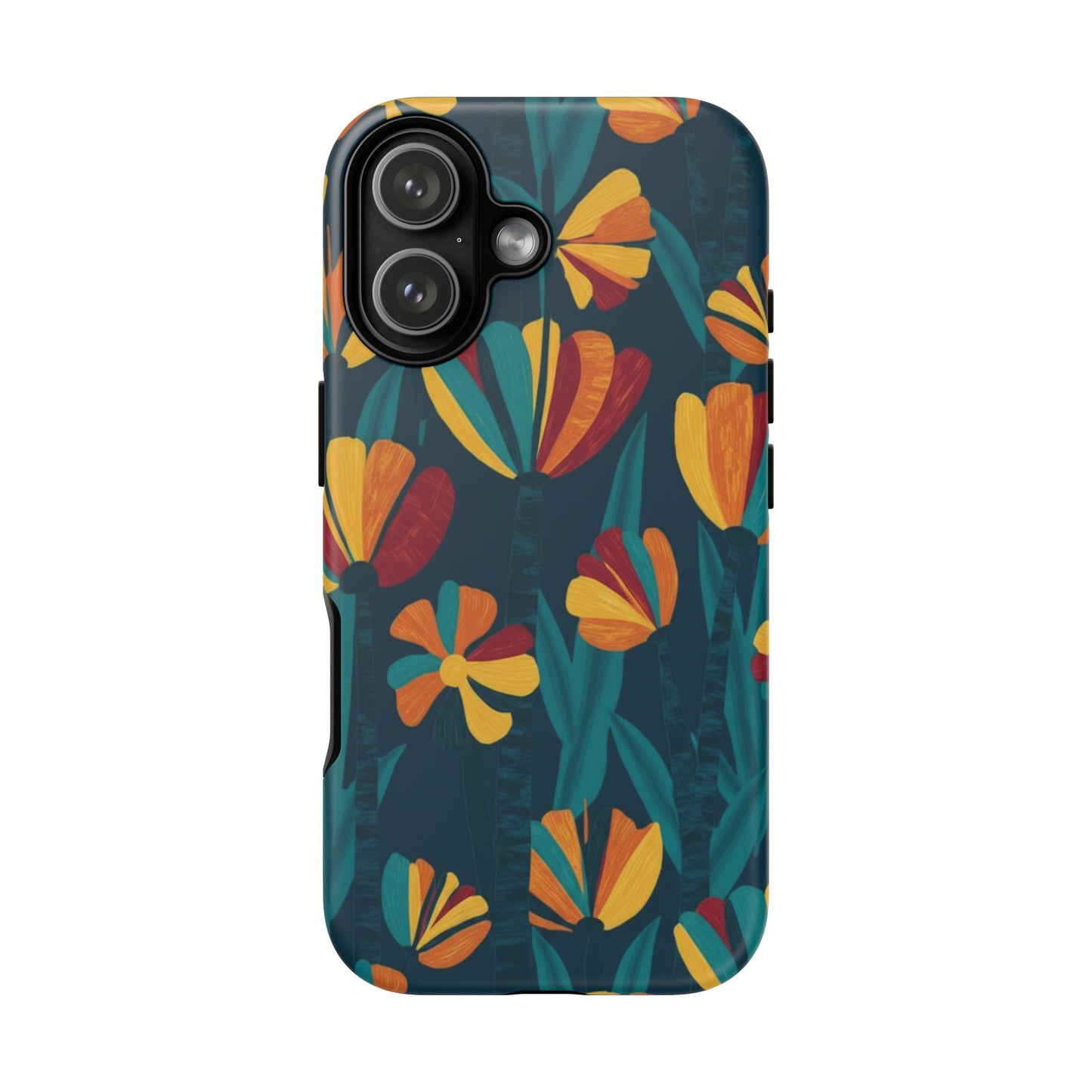 Floral Retro Teal Tough Phone Case — Vibrant Orange & Mustard Blooms