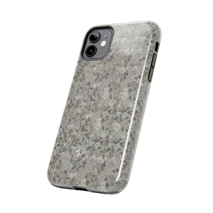 Gray Floral Tough Phone Case — Durable Protective Phone Cover with Vintage Botanical Pattern