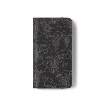 Botanical Noir Flip Phone Case — Dark Floral Wallet Cover with Card Slots