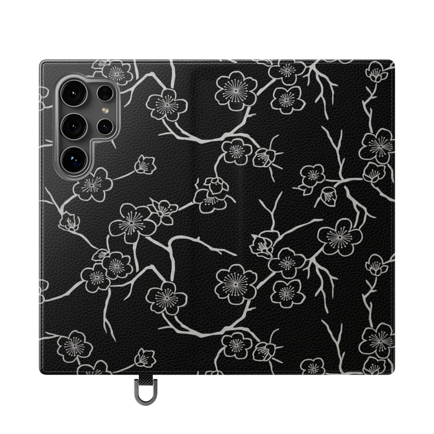 Black Cherry Blossom Flip Phone Case – Floral Wallet Flip Case with Card Slots