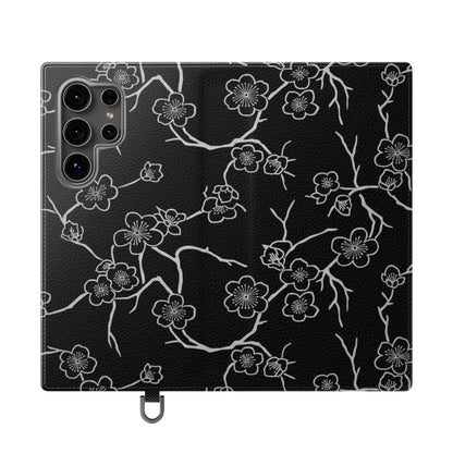 Black Cherry Blossom Flip Phone Case – Floral Wallet Flip Case with Card Slots