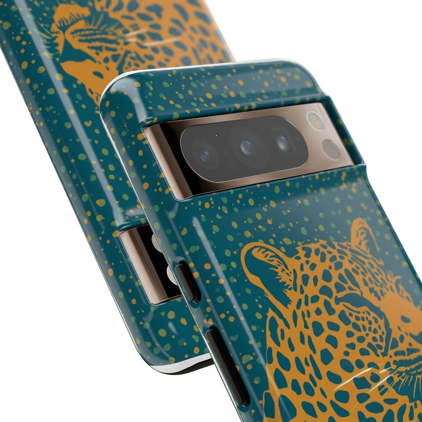 Leopard Spotlight Phone Case — Teal Gold Animal Print Protective Cover