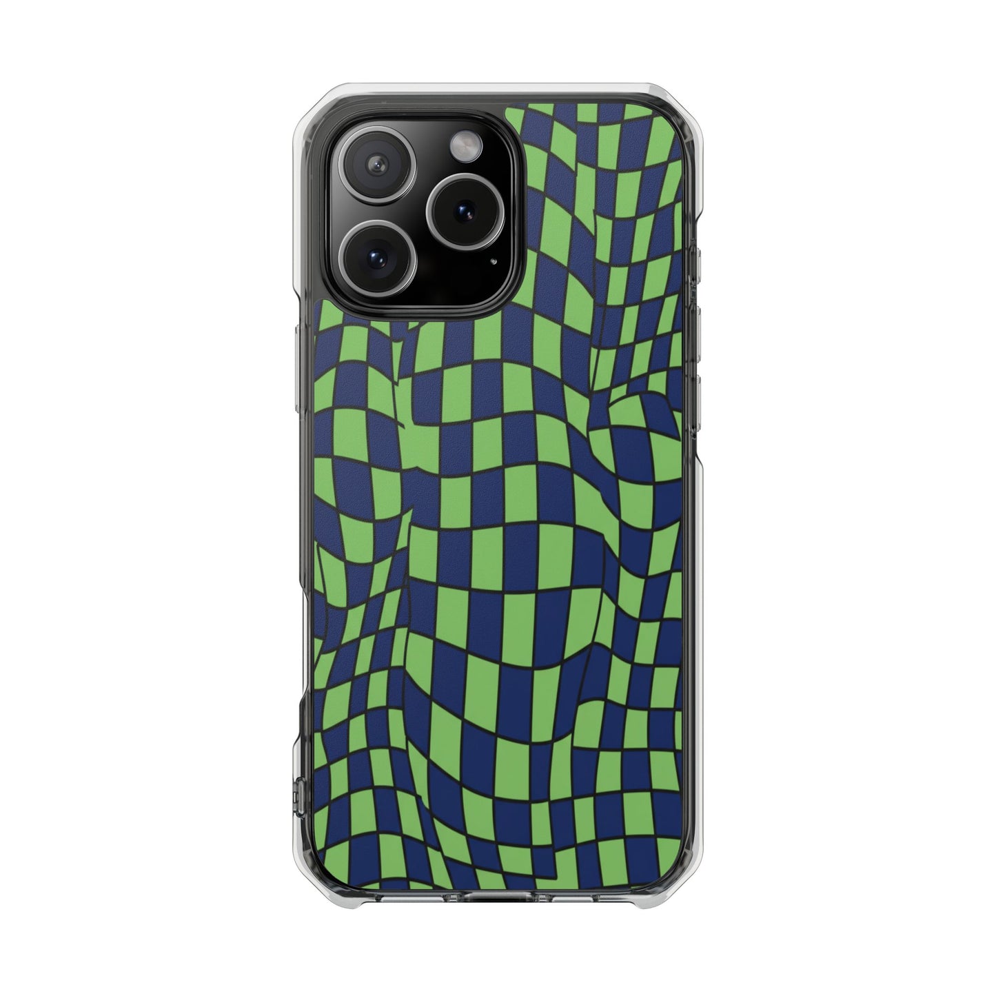Clear Magnetic Phone Case — Green Distorted Checkerboard Design