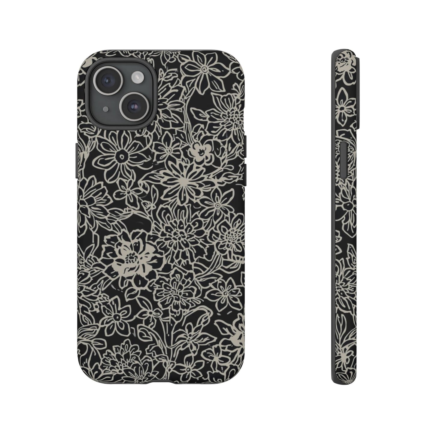 Floral Doodle Tough Phone Case — Black & White Sketch Flower Protective Cover