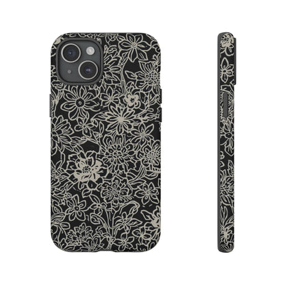 Floral Doodle Tough Phone Case — Black & White Sketch Flower Protective Cover